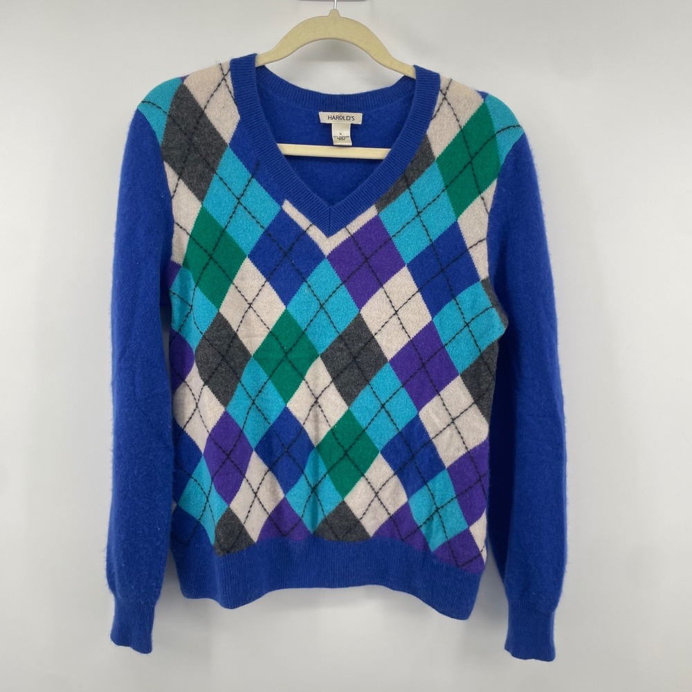 Harold's Argyle Sweater Womens L Blue Cashmere V-Neck Long Sleeve Pullover